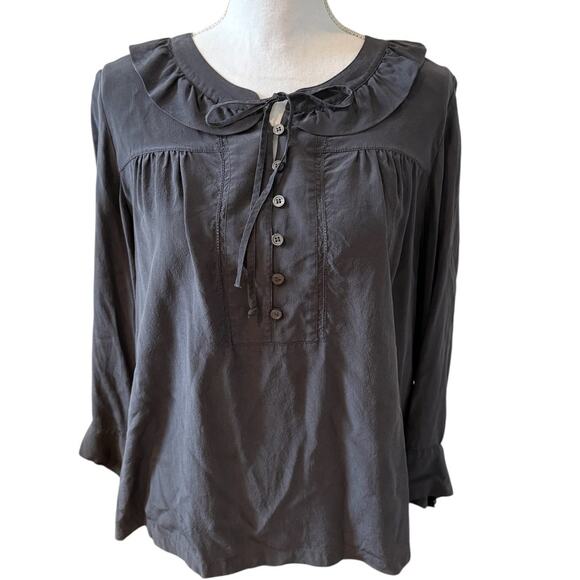 J Crew Silk Ruffled Peter Pan Collar Top Charcoal Gray 14 - Picture 1 of 5